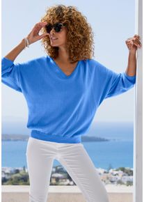 Fledermauspullover Vivance, Damen, Gr. 32/34, blau, Strick, Obermaterial: 60% Baumwolle, 40% Polyamid, unifarben, figurumspielend h&uuml;ftlang, V-Ausschnitt, Pullover Fledermauspullover, aus weicher Feinstrickqualit&auml;t, mit V-Ausschnitt und lockerer Passform, Topseller