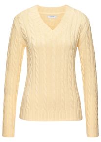 V-Ausschnitt-Pullover Lascana, Damen, Gr. 32/34, gelb, Strick, Obermaterial: 50% Baumwolle, 50% Polyacryl, Zopfmuster, figurumspielend h&uuml;ftlang, V-Ausschnitt, Rippb&uuml;ndchen, Pullover V-Ausschnitt-Pullover, mit Zopfstrickmuster, Topseller