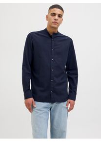 Jack & Jones Langarmhemd JACK & JONES "JJESUMMER BAND SHIRT LS SN", Herren, Gr. S, N-Gr, blau (navy blazer), Web, Obermaterial: 83% Baumwolle, 17% Leinen, unifarben, comfort fit taillenbedeckt, ohne Ausschnitt, Manschette, Hemden Langarmhemd, mit Bandkragen