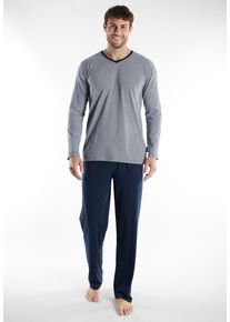 Pyjama Tom Tailor "Nevada", Herren, Gr. 48S, blau (blau, dunkel, ringel), Single Jersey, Obermaterial: 100% Baumwolle, gestreift, bequem lang, V-Ausschnitt, Homewear-Sets Pyjama, Streifendesign, Langarm, V-Ausschnitt, lange Hose, atmungsaktiv