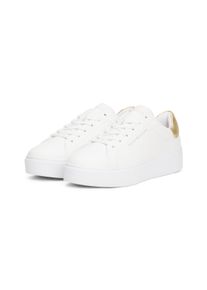 Plateausneaker Tommy Hilfiger "ESSENTIAL PLATFORM COURT SNEAKER", Damen, Gr. 41, gold (wei&szlig;, goldfarben), Leder, Schuhe Plateausneaker, Freizeitschuh, Halbschuh, Schn&uuml;rschuh mit gepolstertem Schaftrand
