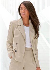 Kurzblazer Lascana, Damen, Gr. 46, beige (sand), Web, Obermaterial: 64% Polyester, 32% Viskose, 4% Elasthan. Futter: 100% Polyester, unifarben, figurbetont h&uuml;ftlang, Blazer Kurzblazer, mit doppelreihigem Knopfverschluss, Damenblazer, sportlich-elegant, Topseller
