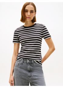 T-Shirt Tommy Hilfiger "SLIM CODY C-NK SS", Damen, Gr. S (36), schwarz, ecru stp, Jersey, Obermaterial: 100% Baumwolle, gestreift, slim fit h&uuml;ftlang, Rundhals, abgesteppt, Shirts T-Shirt, Baumwolle, slim fit