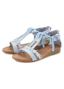 Sandale Lascana "Sommerschuh, Sandalette, offener Schuh", Damen, Gr. 39, blau (hellblau), Obermaterial: 50% Lederimitat, 50% Textilmaterial. Decksohle: 100% Lederimitat. Futter: 100% Lederimitat. Laufsohle: 100% Synthetik, bedruckt, Basic, Schuhe Sandale, mit aufwendiger Verzierung VEGAN, Topseller