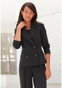 Kurzblazer Lascana, Damen, Gr. 40, schwarz, Web, Obermaterial: 64% Polyester, 32% Viskose, 4% Elasthan. Futter: 100% Polyester, unifarben, figurbetont h&uuml;ftlang, Blazer Kurzblazer, mit doppelreihigem Knopfverschluss, Damenblazer, sportlich-elegant, Topseller