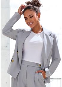 Kurzblazer Lascana, Damen, Gr. 36, grau meliert, Web, Obermaterial: 64% Polyester, 32% Viskose, 4% Elasthan. Futter: 100% Polyester, meliert, figurbetont h&uuml;ftlang, Blazer Kurzblazer, mit doppelreihigem Knopfverschluss, Damenblazer, sportlich-elegant, Topseller