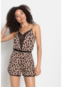 Kurzoverall Lascana, Damen, Gr. 40, N-Gr, braun (braun, schwarzer leoprint), Single Jersey, Obermaterial: 95% Viskose, 5% Elasthan, bedruckt, figurumspielend kurz, tiefer V-Ausschnitt, Overalls Kurzoverall, mit sch&ouml;nen Spitzendetails