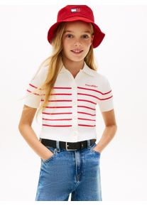 Strickjacke Tommy Hilfiger "SWEATER RIB POLO SS", M&auml;dchen, Gr. 8 (128), rot alert, Strick, Obermaterial: 72% Baumwolle, 28% Polyamid, gestreift, regular fit taillenlang, Rundhals, eingesetzt B&uuml;ndchen, Strickjacken Strickjacke, Kinder bis 16 Jahre, regular fit