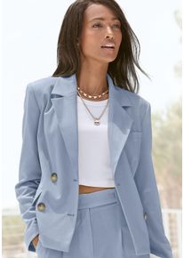 Kurzblazer Lascana, Damen, Gr. 46, blau (hellblau), Web, Obermaterial: 64% Polyester, 32% Viskose, 4% Elasthan. Futter: 100% Polyester, unifarben, figurbetont h&uuml;ftlang, Blazer Kurzblazer, mit doppelreihigem Knopfverschluss, Damenblazer, sportlich-elegant