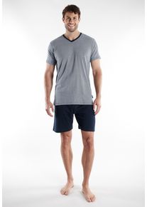 Shorty Tom Tailor "Nevada", Herren, Gr. 48S, blau (blau, dunkel, ringel), Single Jersey, Obermaterial: 100% Baumwolle, gestreift, Basic kurz, V-Ausschnitt, Homewear-Sets Shorty, Streifendesign, Kurzarm, V-Ausschnitt, kurze Hose