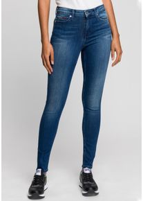 Skinny-fit-Jeans Tommy Jeans "Nora Mid Rise Skinny Fit", Damen, Gr. 24, L&auml;nge 32, blau (new niceville mid blau art.:), Denim/Jeans, Obermaterial: 90% Baumwolle, 8% Elastomultiester, 2% Elasthan, unifarben, skinny fit, Jeans Skinny-fit-Jeans, mit Tommy Jeans Logo-Badge & Stickereien