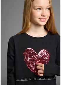 Langarmshirt Bruno Banani "WENDE-Pailletten - Glitzerherz", M&auml;dchen, Gr. 152/158, schwarz, Single Jersey, Obermaterial: 100% Baumwolle, unifarben, Basic h&uuml;ftlang, Rundhals, Shirts Langarmshirt, F&uuml;r TEENS. Cooles Paillettenshirt