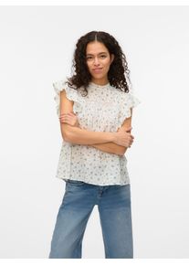 V&eacute;ro Moda Blusenshirt VERO MODA "VMTRINE SL LACE TOP WVN NOOS", Damen, Gr. XL, wei&szlig; (snow wei&szlig; aop:maguerite blau jasper), Web, Obermaterial: 100% Baumwolle, bedruckt, regular fit normal, Rundhals, Fl&uuml;gel&auml;rmel, Shirts Blusenshirt, Baumwolle
