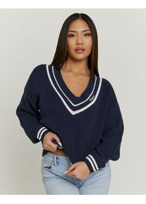 Strickpullover Tally Weijl "SPUACKARIBOU", Damen, Gr. S, multi color, Strick, Obermaterial: 100% Polyurethan, unifarben mit Farbeinsatz, oversize normal, V-Ausschnitt, Pullover Strickpullover, Kunstfaser, mit tiefem V-Ausschnitt im College-Stil