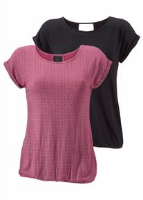 Kurzarmshirt Lascana "mit modischem Cut-Out", Damen, Gr. 40/42, lila (beere, gemustert, schwarz), Single Jersey, Obermaterial: 95% Viskose (LENZING&trade; ECOVERO&trade;), 5% Elasthan, gemustert, unifarben, bequem normal, Rundhals, Shirts Kurzarmshirt, aus weichem Viskose-Stretch, Topseller