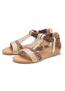 Sandale Lascana "Sommerschuh, Sandalette, offener Schuh", Damen, Gr. 36, beige (beige, braun), Obermaterial: 50% Lederimitat, 50% Textilmaterial. Decksohle: 100% Lederimitat. Futter: 100% Lederimitat. Laufsohle: 100% Synthetik, bedruckt, Basic, Schuhe Sandale, mit aufwendiger Verzierung VEGAN