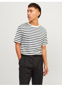 Jack & Jones Rundhalsshirt JACK & JONES "JJEORGANIC BASIC TEE SS O-NECK NOOS", Herren, Gr. XS, blau (cloud dancer stripes:navy blazer), Single Jersey, Obermaterial: 100% Baumwolle, unifarben, regular fit normal, Rundhals, Shirts Rundhalsshirt, Baumwolle, regular fit