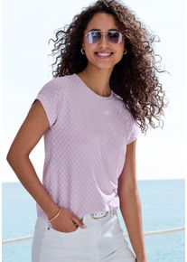 Kurzarmshirt Vivance "mit modischem Jacquard-Muster", Damen, Gr. 44/46, lila (flieder), Single Jersey, Obermaterial: 63% Polyester, 29% Viskose, 8% Elasthan, unifarben, figurumspielend, Rundhals, Shirts Kurzarmshirt, aus hochwertiger Qualit&auml;t mit Viskose, Topseller