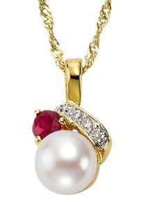 Kettenanh&auml;nger Firetti "Schmuck Geschenk Gold 333 Halsschmuck Anh&auml;nger Perle Rubin", rot (gelbgoldfarben, wei&szlig;goldfarben, rot, rot), Schmuckanh&auml;nger, Damen, 0,02 P1 = bei 10-facher Vergr&ouml;&szlig;erung erkennbare Einschl&uuml;sse, Diamanten Gelbgold 333 Perlen, 0,65 g, Diamanten, Gelbgold 333, Perlen, Kettenanh&auml;nger, mit Rubinen - mit S&uuml;&szlig;wasserzuchtperlen - mit Diamanten