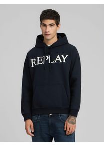 Kapuzensweatshirt Replay, Herren, Gr. M, blau (night blau), Sweatware, Obermaterial: 80% Baumwolle, 20% Polyester, bedruckt, angesetztes B&uuml;ndchen, Sweatshirts Kapuzensweatshirt, mit gro&szlig;em Markenprint vorn
