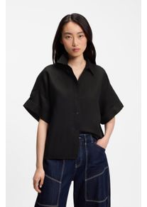 Hemdbluse BOSS Orange "Bisenas Premium Damenmode", Damen, Gr. 46, schwarz 001, Web, Obermaterial: 53% Leinen, 47% Viskose, unifarben, oversize h&uuml;ftbedeckend, Umschlagsaum, Blusen Hemdbluse, mit Spitzkragen, Leinen-Mix