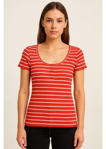 V&eacute;ro Moda T-Shirt VERO MODA "VMSEA SS HENLEY TOP JRS", Damen, Gr. XS, wei&szlig; (fiery rot stripes:snow wei&szlig;), Jersey, Obermaterial: 93% Baumwolle, 7% Elasthan, gestreift, slim fit normal, U-Boot-Ausschnitt, Shirts T-Shirt
