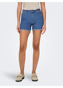 Jeansshorts Only "ONLLAURA MID WAIST SHORT RW BOX", Damen, Gr. L, N-Gr, medium blau denim, Denim/Jeans, Obermaterial: 80% Baumwolle, 19% Polyester, 1% Elasthan, unifarben, regular fit kurz, Jeans Jeansshorts, mit ausgefranstem Saum