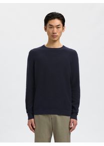 Rundhalspullover Selected "SLHROSS LS KNIT STRUCTURE CREW NECK NOOS", Herren, Gr. L, blau (schwarz sapphire), Strick, Obermaterial: 100% Baumwolle, unifarben, regular fit normal, Rundhals, Rippb&uuml;ndchen, Pullover Rundhalspullover, Baumwolle, regular fit