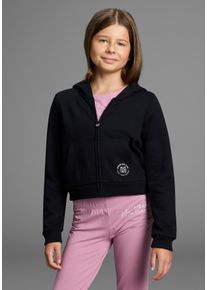 H.I.S. Kapuzensweatjacke H.I.S "Kurzgeschnittene Sweatjacke mit Logoprint f&uuml;r M&auml;dchen", M&auml;dchen, Gr. 128/134, schwarz, angeraute Sweatware, Obermaterial: 60% Baumwolle, 40% Polyester, bedruckt, loose fit kurz, Rippb&uuml;ndchen, Sweatjacken Kapuzensweatjacke, F&uuml;r TEENS. Sweatjacke in modischer Kurzform und Zipper