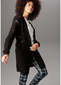 Longstrickjacke Aniston SELECTED, Damen, Gr. 48, schwarz, Strick, Obermaterial: 100% Polyacryl, l&auml;ssig geschnitten ca. Mitte Oberschenkel, V-Ausschnitt, Rippstrickb&uuml;ndchen, Strickjacken Longstrickjacke, mit Lochstrick-Muster, Topseller