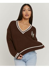 Strickpullover Tally Weijl "SPUACKARIBOU", Damen, Gr. S, multi color 2, Strick, Obermaterial: 100% Polyurethan, unifarben mit Farbeinsatz, oversize normal, V-Ausschnitt, Pullover Strickpullover, Kunstfaser, mit tiefem V-Ausschnitt im College-Stil