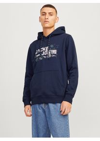 Jack & Jones Kapuzensweatshirt JACK & JONES "JCOOUTDOOR LOGO SWEAT HOOD SN", Herren, Gr. S, blau (navy blazer), angeraute Sweatware, Obermaterial: 60% Baumwolle, 40% Polyester, bedruckt, regular fit, Rippb&uuml;ndchen, Sweatshirts Kapuzensweatshirt