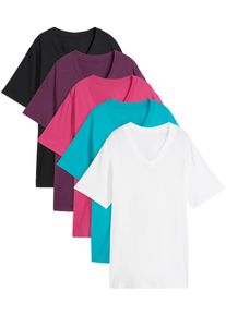 Longshirt bonprix "Weites Long-Shirt mit V-Ausschnitt, Kurzarm (5er Pack)", Damen, Gr. 44/46 (L), smaragd, weinbeere, mittelfuchsia, wei&szlig;, schwarz, Jersey, Obermaterial: 100% Baumwolle, mehrfarbig, unifarben, loose fit normal, V-Ausschnitt, gerader Abschluss, Shirts Longshirt, lockere Passform, Kurzarm, mit V-Ausschnitt, unifarben, Topseller
