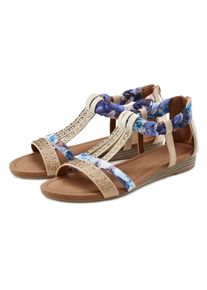 Sandale Lascana "Sommerschuh, Sandalette, offener Schuh", Damen, Gr. 35, blau (beige, blau), Obermaterial: 50% Lederimitat, 50% Textilmaterial. Decksohle: 100% Lederimitat. Futter: 100% Lederimitat. Laufsohle: 100% Synthetik, bedruckt, Basic, Schuhe Sandale, mit aufwendiger Verzierung VEGAN, Topseller