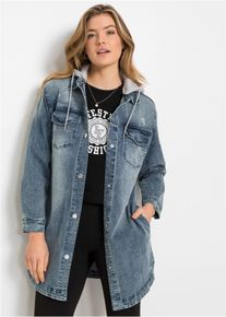 Jeansjacke bonprix, Damen, Gr. 44, blau denim, Denim/Jeans, Obermaterial: 98% Baumwolle, 2% Elasthan. Kapuze: 60% Baumwolle, 40% Polyester, Abriebeffekte, unifarben, unifarben mit Farbeinsatz, bequem ca. Mitte Oberschenkel, 1-Knopf-Manschette, Jacken Jeansjacke, lange, bequeme Passform, mit Eingriffs- und Brusttaschen, Topseller