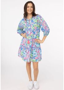 Sommerkleid Zwillingsherz "Blumentraum", Damen, Gr. XL, N-Gr, bunt (multi), Web, Obermaterial: 100% Baumwolle, gemustert, figurumspielend kniefrei, V-Ausschnitt, elastischer Bund mit Gummizug, Kleider Sommerkleid, mit floralem Muster, zum Binden mit Tasseln, kontrastfarbige Details