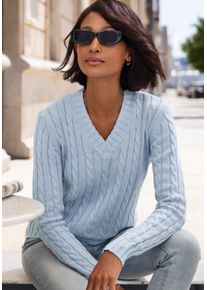 V-Ausschnitt-Pullover Lascana, Damen, Gr. 40/42, hellblau, Strick, Obermaterial: 50% Baumwolle, 50% Polyacryl, Zopfmuster, figurumspielend h&uuml;ftlang, V-Ausschnitt, Rippb&uuml;ndchen, Pullover V-Ausschnitt-Pullover, mit Zopfstrickmuster, Topseller