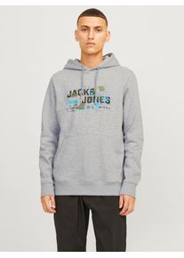 Jack & Jones Kapuzensweatshirt JACK & JONES "JCOOUTDOOR LOGO SWEAT HOOD SN", Herren, Gr. XS, grau (light grau melange), angeraute Sweatware, Obermaterial: 60% Baumwolle, 40% Polyester, meliert, regular fit, Rippb&uuml;ndchen, Sweatshirts Kapuzensweatshirt