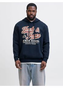 Jack & Jones PlusSize Hoodie "JJELOGO SWEAT HOOD 2 COL 24/25 NOOS PLS", Herren, Gr. 3XL, sky captain, angeraute Sweatware, Obermaterial: 70% Baumwolle, 30% Polyester, JACK & JONES PLUSSIZE, regular fit normal, ohne Ausschnitt, Rippb&uuml;ndchen, Sweatshirts Hoodie, mit Logo Frontprint