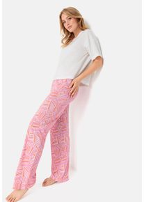 Pyjama LSCN BY LASCANA, Damen, Gr. 44/46, rosa (ecru, rosa, gemustert), Single Jersey, Obermaterial: 50% Baumwolle, 50% Viskose, loose fit lang, Rundhals, angeschnitten abgesteppte Kante, Homewear-Sets Pyjama, mit sch&ouml;nem Allover-Druck