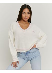 Strickpullover Tally Weijl "SPUACKARIBOU", Damen, Gr. M, multi color 3, Strick, Obermaterial: 100% Polyacryl, unifarben mit Farbeinsatz, oversize normal, V-Ausschnitt, Pullover Strickpullover, Kunstfaser, mit tiefem V-Ausschnitt im College-Stil