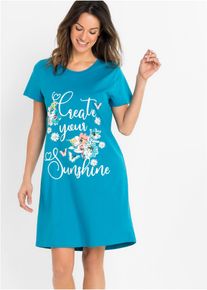 Nachthemd bonprix, Damen, Gr. 52/54 (XXL), N-Gr, schiefergrau, dunkelt&uuml;rkis bedruckt, Jersey, Obermaterial: 100% Baumwolle, bedruckt, mehrfarbig, unifarben, bequem kniefrei, Rundhals, Kleider Nachthemd, f&uuml;r entspannte Stunden zu Hause, aus Baumwolle, mit kurzem Arm