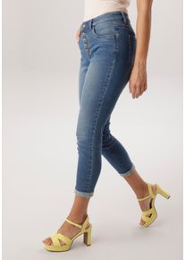 Straight-Jeans Aniston SELECTED, Damen, Gr. 46, N-Gr, blau, used, Denim/Jeans, Obermaterial: 98% Baumwolle, 2% Elasthan, figurbetont 7/8-L&auml;nge, Jeans Straight-Jeans, sichtbare Knopfleiste und Used-Waschung - NEUE KOLLEKTION