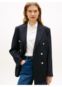 Kurzblazer Tommy Hilfiger "TIMELESS WOOL DB BLAZER", Damen, Gr. 34, schwarz night navy, Web, Obermaterial: 54% Polyester, 44% Wolle, 2% Elasthan, unifarben, bequem, V-Ausschnitt, Blazer Kurzblazer, mit doppelreihiger Knopfleiste