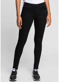 Skinny-fit-Jeans Tommy Jeans "Nora Mid Rise Skinny Fit", Damen, Gr. 24, L&auml;nge 32, schwarz (staten schwarz), Denim/Jeans, Obermaterial: 90% Baumwolle, 8% Elastomultiester, 2% Elasthan, unifarben, skinny fit, Jeans Skinny-fit-Jeans, mit Tommy Jeans Logo-Badge & Stickereien