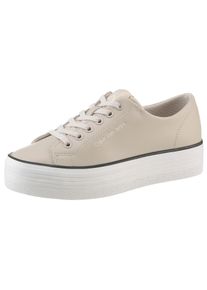 Sneaker Calvin Klein Jeans "BOLD VULC FLATF LOW LTH IN", Damen, Gr. 41, beige, Leder, unifarben mit Farbeinsatz, Schuhe Sneaker, Halbschuh, Schn&uuml;rschuh, Freizeitschuh mit CK-Logo an der Ferse
