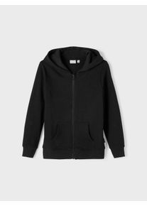 Kapuzensweatjacke name it "NKMNESWEAT CARD W HOOD UNB NOOS", Jungen, Gr. 104, schwarz, Sweatware, Obermaterial: 80% Baumwolle, 20% Polyester, unifarben, normal h&uuml;ftbedeckend, B&uuml;ndchen, Sweatjacken Kapuzensweatjacke, in klassischer Form
