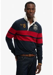 Langarmshirt Superdry "DOUBLE EMBLEM STRIPE RUGBY", Herren, Gr. L, navy, rot chest band stripe, Single Jersey, Obermaterial: 100% Baumwolle, gestreift, relaxed fit normal, ohne Ausschnitt, Shirts Langarmshirt
