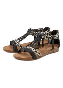 Sandale Lascana "Sommerschuh, Sandalette, offener Schuh", Damen, Gr. 41, schwarz (schwarz, leo), Obermaterial: 50% Lederimitat, 50% Textilmaterial. Decksohle: 100% Lederimitat. Futter: 100% Lederimitat. Laufsohle: 100% Synthetik, bedruckt, Basic, Schuhe Sandale, mit aufwendiger Verzierung VEGAN, Topseller