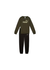 Trainingsanzug Puma "ESS NO.1 LOGO CREW SWEAT SUIT FL B", Jungen, Gr. 128, gr&uuml;n (schwarz olive), Fleece, Obermaterial: 66% Baumwolle, 34% Polyester, bedruckt, regular fit, Sportanz&uuml;ge Trainingsanzug, zweiteiliges Set, f&uuml;r Jugendliche, regul&auml;re Passform